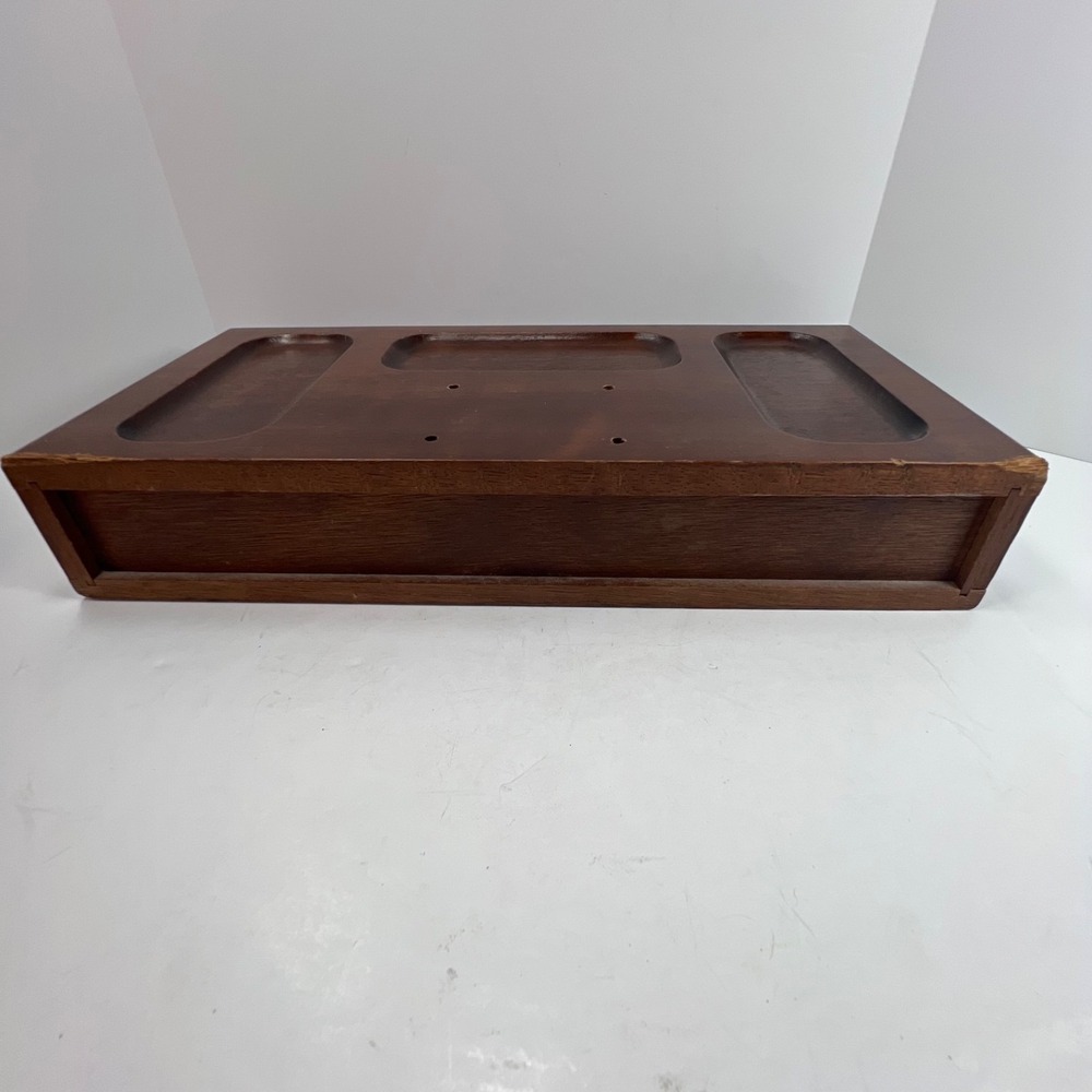 Vintage wood valet jewelry box with drawer ornate handle sunken depressions top - Picture 10 of 13